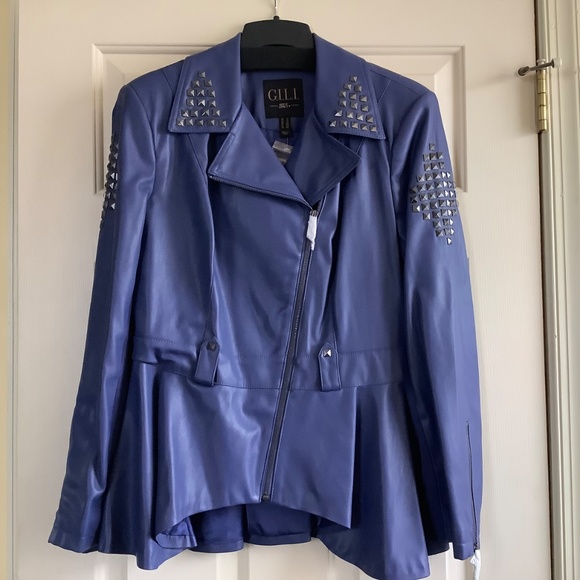 G.I.L.I. Faux Leather Peplum Motorcycle Jacket Deep Cobalt SZ 12 - Picture 3 of 16